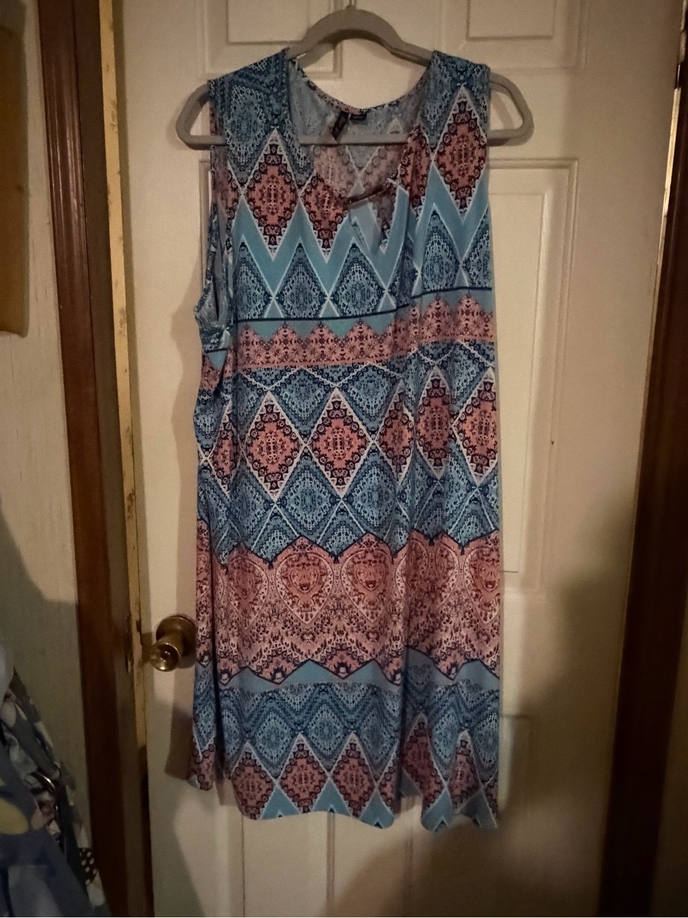 new directions Blue and Pink Sleeveless Midi Dress with Geometric Print